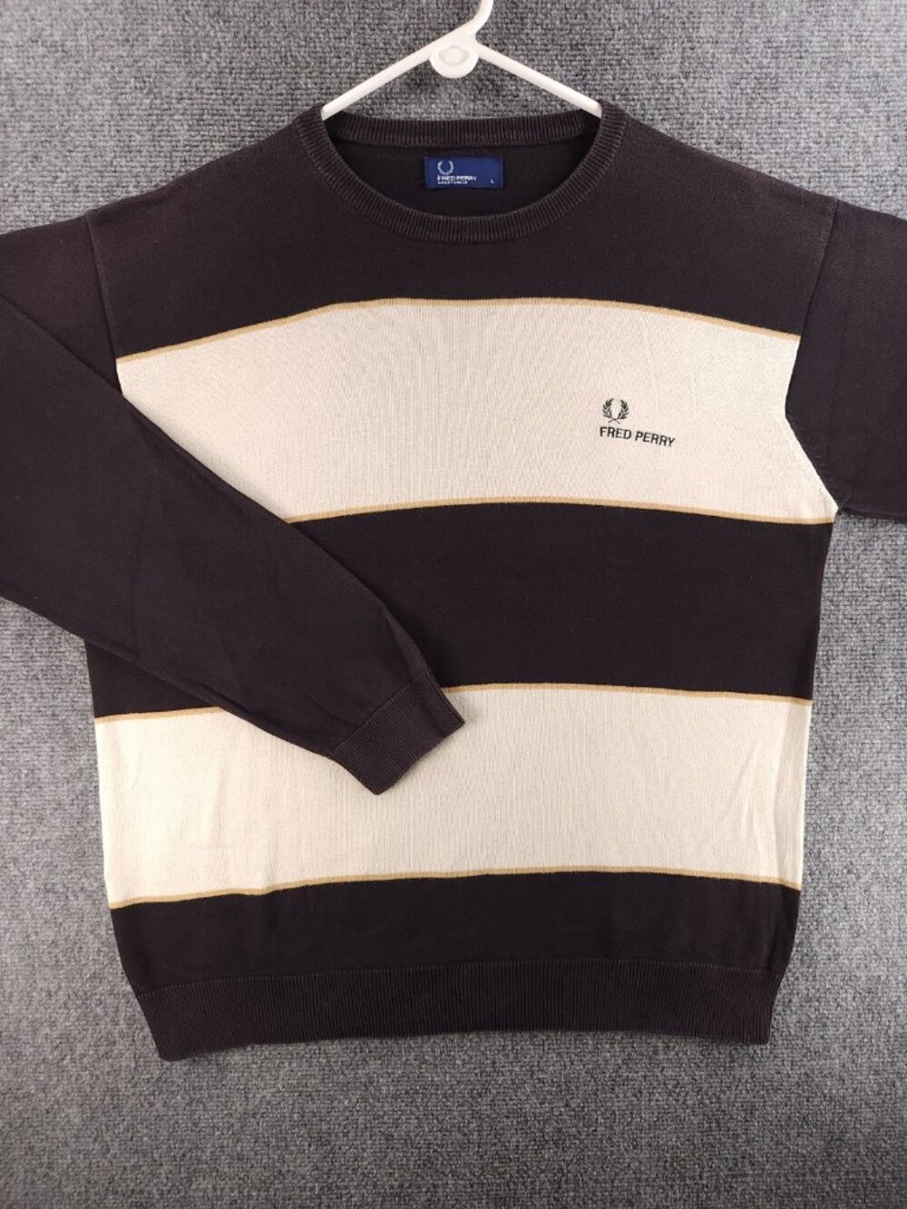 Fred Perry Sportswear Men Knit Sweater Large Brown Beige Striped Preppy Cotton